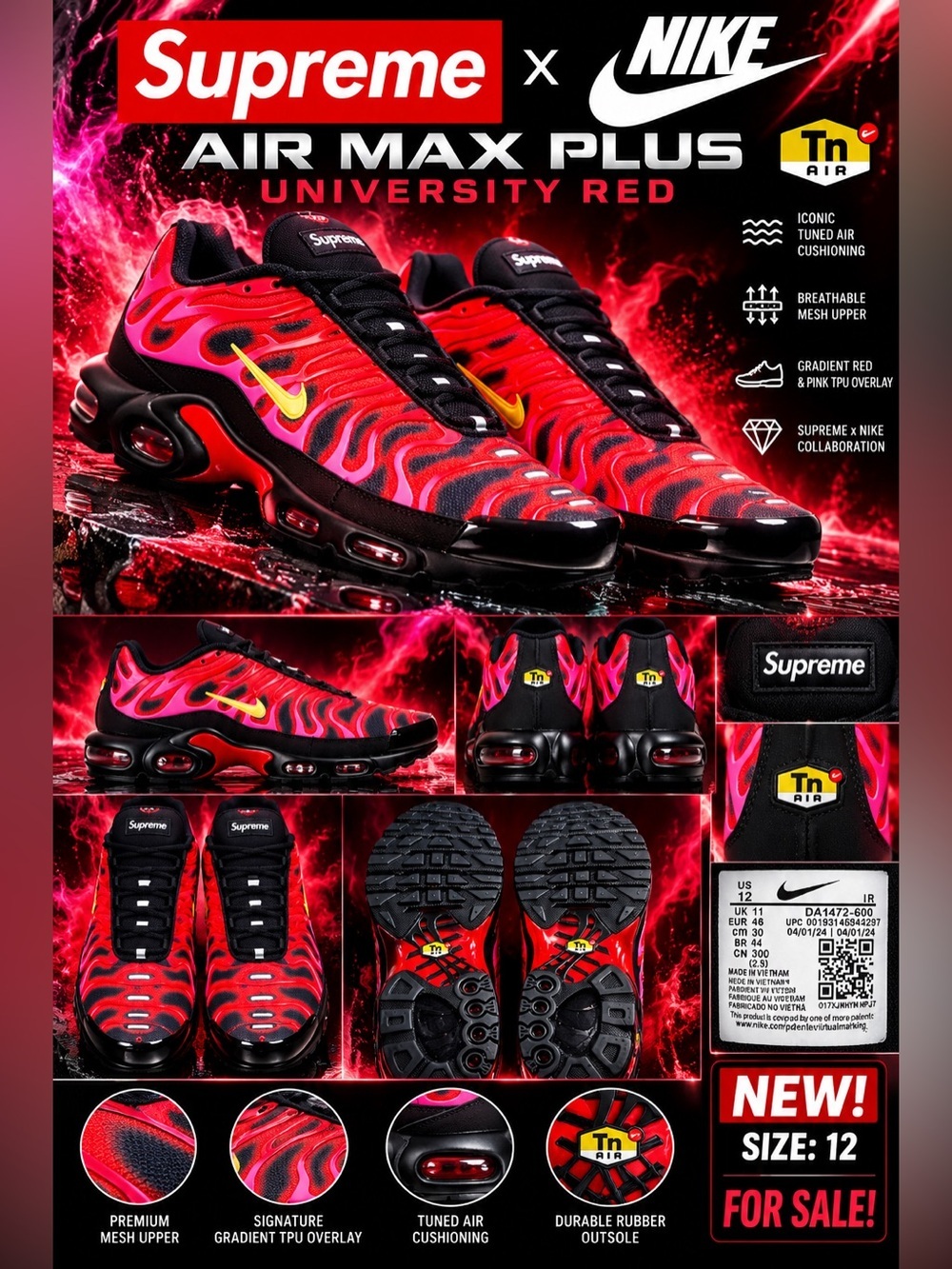 Supreme x Nike Air Max Plus 'University Red'🔥New! Size: 12